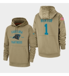 Mens Carolina Panthers 1 Cam Newton 2019 Salute to Service Sideline Therma Pullover Hoodie Tan