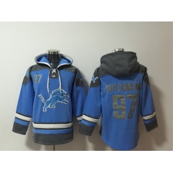 Men Detroit Lions 97 Aidan Hutchinson Blue Ageless Must Have Lace Up Pullover Hoodie