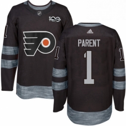 Mens Adidas Philadelphia Flyers 1 Bernie Parent Authentic Black 1917 2017 100th Anniversary NHL Jersey 