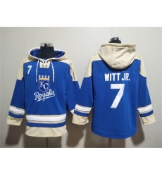 Men Kansas City Royals 7 Bobby Witt Jr  Blue Ageless Must Have Lace Up Pullover Hoodie