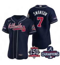 Men's Navy Atlanta Braves #7 Dansby Swanson 2021 World Series Champions With 150th Anniversary Flex Base Stitched Jersey