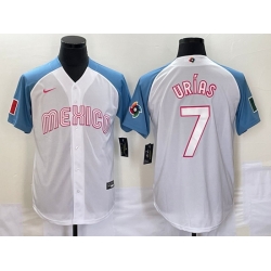 Men's Mexico Baseball #7 Julio Urias 2023 White Blue World Classic Stitched Jerseys