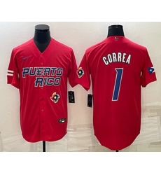 Men's Puerto Rico Baseball #1 Carlos Correa 2023 Red World Baseball Classic Stitched Jersey