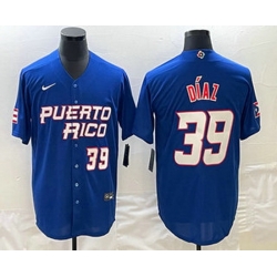 Mens Puerto Rico Baseball #39 Edwin Diaz Number 2023 Blue World Baseball Classic Stitched Jersey