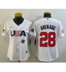 Womens USA Baseball 28 Nolan Arenado 2023 White World Classic Replica Stitched Jersey