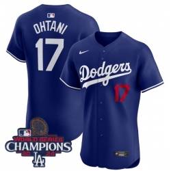 Men Nike Los Angeles Dodgers Shohei Ohtani #17 Blue Flex Base 2024 World Series Champions Stitched MLB Jersey