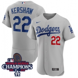 Youth Nike Los Angeles Dodgers Clayton Kershaw #22 Gray Flex Base 2024 World Series Champions Stitched MLB Jersey