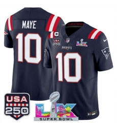 Youth New England Patriots 10 Drake Maye Navy 2025 F U S E  1 Star C Patch And Super Bowl LX Patch  USA 250 Patch Vapor Limited Stitched Football Jersey