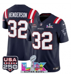 Youth New England Patriots 32 TreVeyon Henderson Navy 2025 F U S E  Super Bowl LX  USA 250 Patch Vapor Limited Stitched Football Jersey