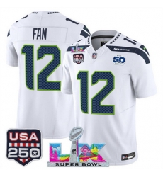 Men Seattle Seahawks 12 Fan White 2025 F U S E Super Bowl LX Patch And 50th Season USA 250 Patch Vapor Limited Football Stitched Jersey Men Seattle Seahawks 12 Fan White 2025 F U S E Super Bowl LX Patch And 50th Season USA 250 Patch Vapor Limited Football Stitched Jersey