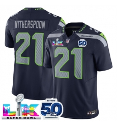 Men Seattle Seahawks 21 Devon Witherspoon Navy 2025 F U S E Super Bowl LX Patch And 50th Season Patch Vapor Limited Stitched Football Jersey Men Seattle Seahawks 21 Devon Witherspoon Navy 2025 F U S E Super Bowl LX Patch And 50th Season Patch Vapor Limited Stitched Football Jersey