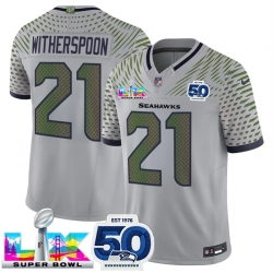 Men Seattle Seahawks 21 Devon Witherspoon Royal 2025 F U S E  Super Bowl LX Patch And 50th Season Patch  Rivalries Vapor Limited Stitched Football Jersey