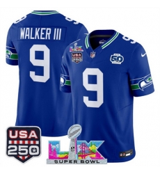 Men Seattle Seahawks 9 Kenneth Walker III Royal 2025 F U S E Super Bowl LX Patch And 50th Season USA 250 Patch Vapor Throwback Limited Stitched Football Men Seattle Seahawks 9 Kenneth Walker III Royal 2025 F U S E Super Bowl LX Patch And 50th Season USA 250 Patch Vapor Throwback Limited Stitched Football