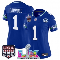 Women Seattle Seahawks 1 Pete Carroll Royal 2025 F U S E Super Bowl LX Patch And 50th Season  USA 250 Patch Vapor Throwback Limited Stitched Football Jerse