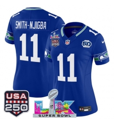 Women Seattle Seahawks 11 Jaxon Smith Njigba Royal 2025 F U S E Super Bowl LX Patch And 50th Season  USA 250 Patch Vapor Throwback Limited Stitched Footbal