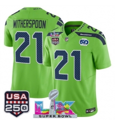 Youth Seattle Seahawks 21 Devon Witherspoon Green 2025 F U S E Super Bowl LX Patch And 50th Season USA 250 Patch Vapor Limited Stitched Football Jersey Youth Seattle Seahawks 21 Devon Witherspoon Green 2025 F U S E Super Bowl LX Patch And 50th Season USA 250 Patch Vapor Limited Stitched Football Jersey