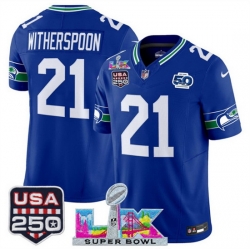 Youth Seattle Seahawks 21 Devon Witherspoon Royal 2025 F U S E  Super Bowl LX Patch And 50th Season  USA 250 Patch Vapor Throwback Limited Stitched Footbal